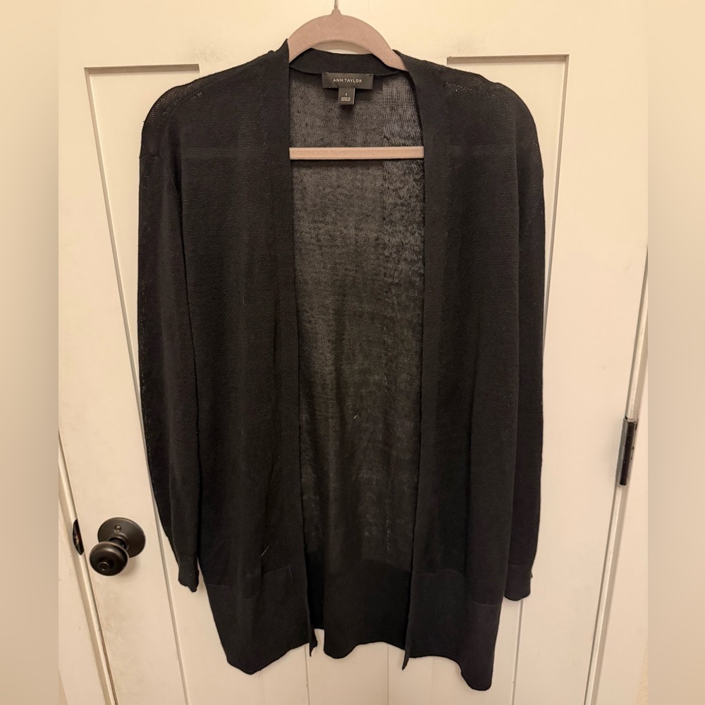 Ann Taylor Linen Blend Lightweight Black Open Front Cardigan Size Small